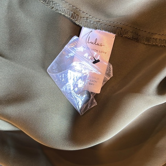 NWOT Distinctive Charm Olive Green Satin Asymmetrical Midi Dress - Picture 9 of 9